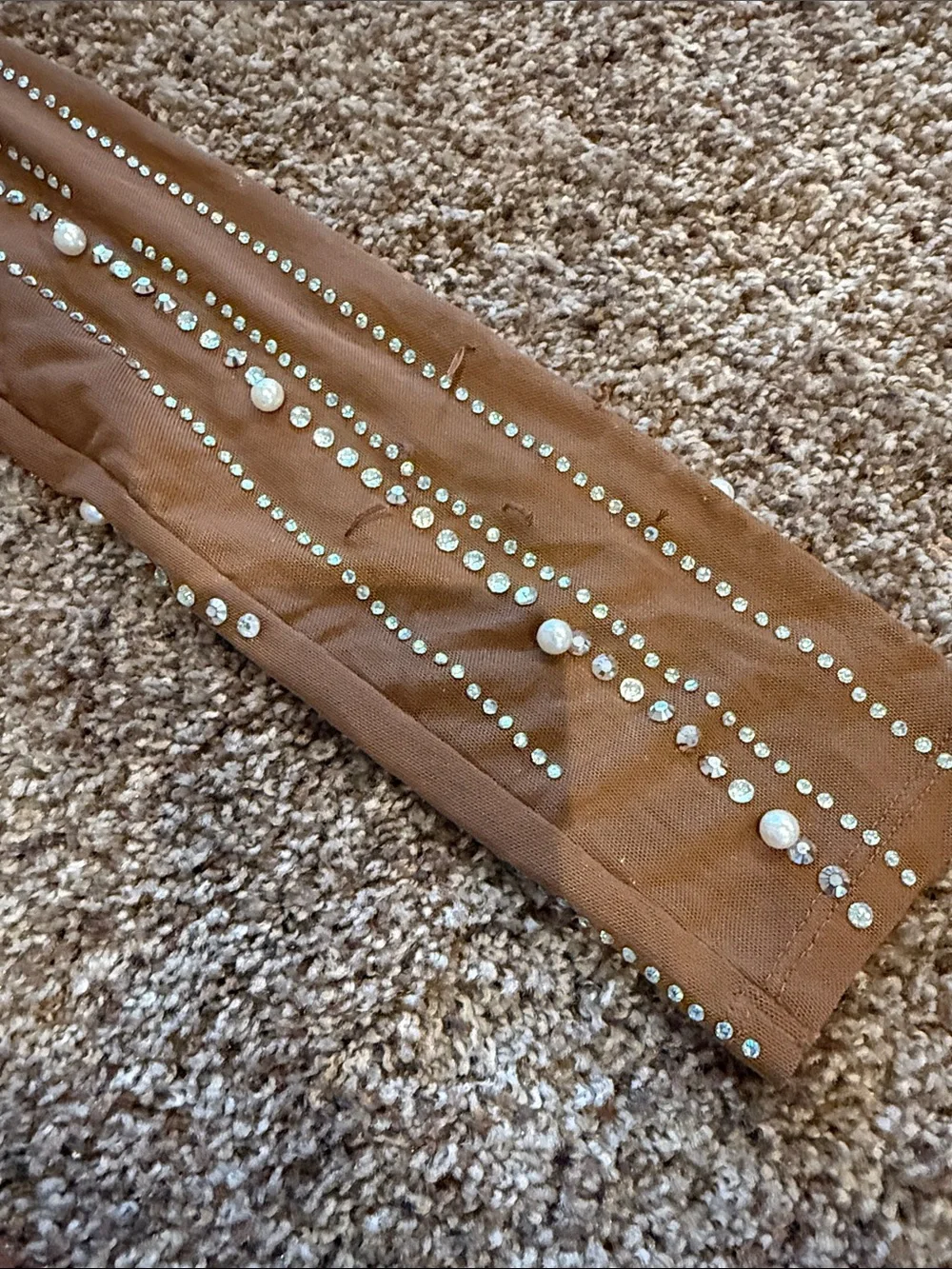 Banjul Tan Long Sleeve Crystal-Embellished Evening Gown - Picture 5 of 8